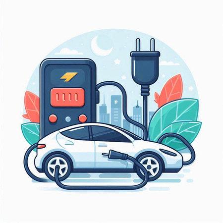 Electric car charging station. Electric vehicle. Vector illustration in flat styleのイラスト素材