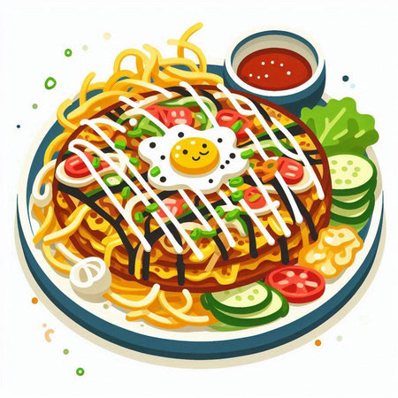 Illustration of fried noodles with fried egg and vegetables on a plateのイラスト素材