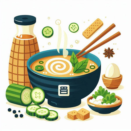 Illustration of Japanese miso soup in a bowl with chopsticksのイラスト素材