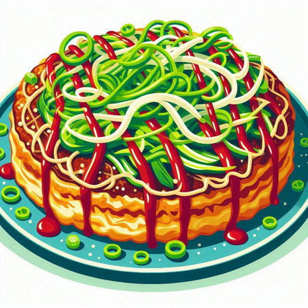 Illustration of a cake with green onions and ketchup on a white backgroundのイラスト素材