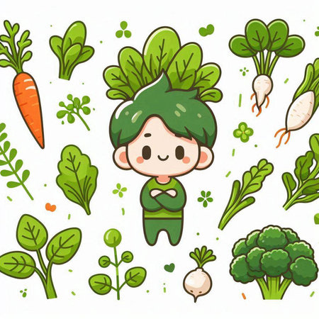 Vegetable illustration. Vector illustration of a boy with vegetables.のイラスト素材