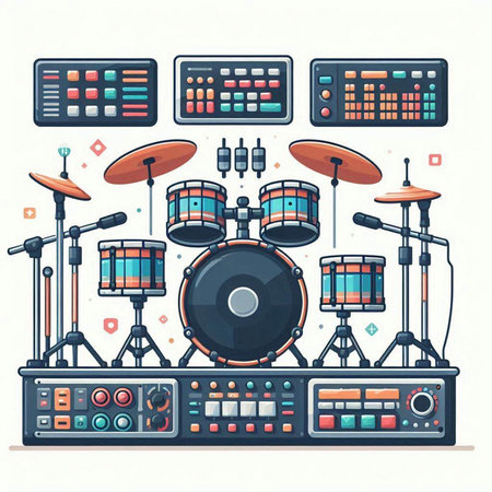 Drums set. Vector illustration in flat style. Isolated on white background.のイラスト素材