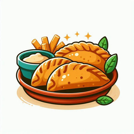 Illustration of a plate of empanadas with sauce and herbsのイラスト素材