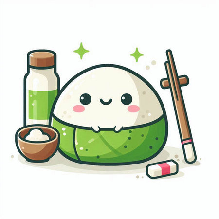 Illustration of a cute rice ball with chopsticks and soy sauceのイラスト素材