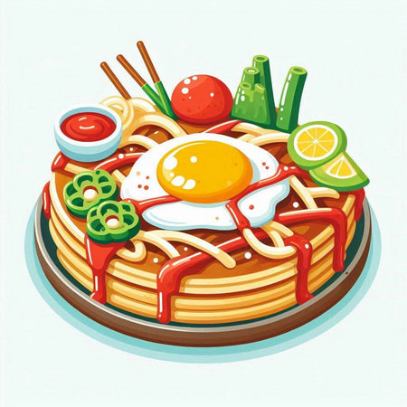 Illustration of fried egg with noodles and vegetables on a white backgroundのイラスト素材