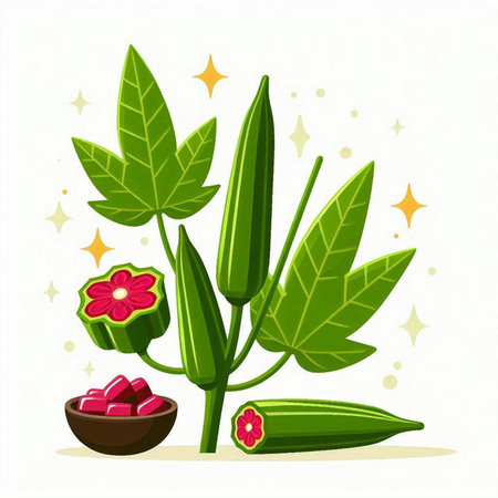 Fresh okra with leaves and flower on white background. Vector illustration.のイラスト素材