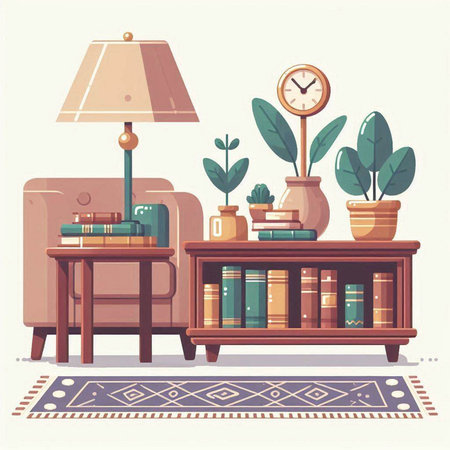 Living room interior with armchair, bookshelf, clock and plants. Vector illustration.のイラスト素材