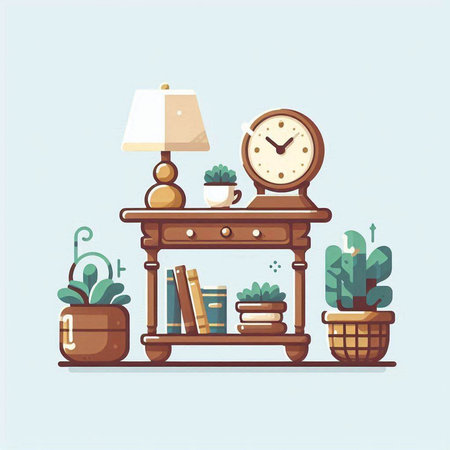Cabinet with books, clock and plants. Flat design. Vector illustrationのイラスト素材