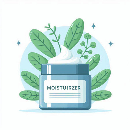 Cosmetic cream jar with green leaves on white background. Vector illustration.のイラスト素材
