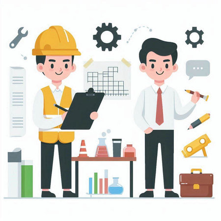 engineer and architect working on a construction site. Vector illustration.のイラスト素材
