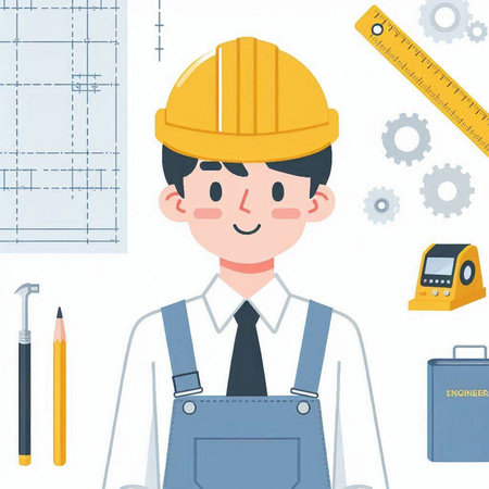 Worker in overalls and helmet with tools. Vector illustration.のイラスト素材