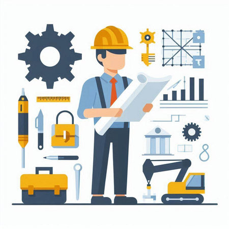 Engineer in helmet and construction equipment. Vector illustration in flat styleのイラスト素材