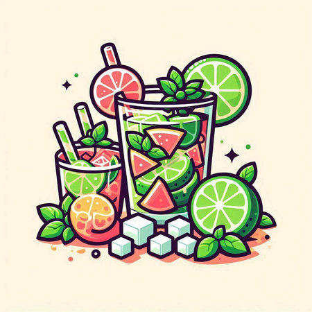 Cocktail with lime, watermelon and mint. Vector illustrationのイラスト素材