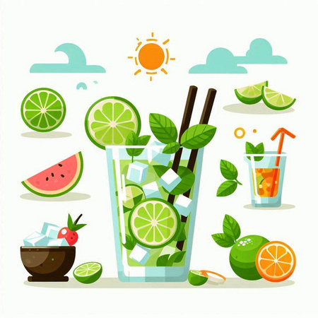 Mojito cocktail with lime, watermelon and mint. Vector illustrationのイラスト素材