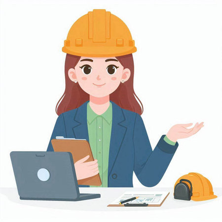Female engineer in hardhat holding notebook and laptop. Vector illustration.のイラスト素材
