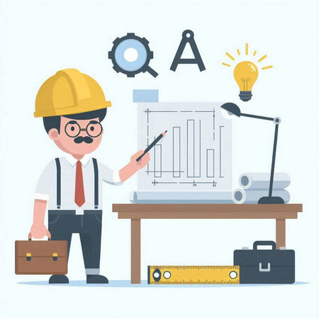 Architect or engineer working on blueprint with equipment. Vector illustration.のイラスト素材