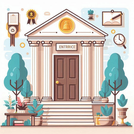 Bank building. Vector illustration in flat cartoon style. Bank building with columns, columns, stairs and flowers.のイラスト素材