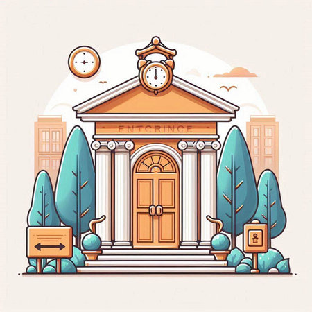 Vector illustration of an old building with a clock on the facade.のイラスト素材