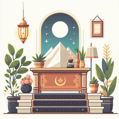 Luxury interior of the room with a fireplace, potted plants and a lamp. Vector illustrationのイラスト素材