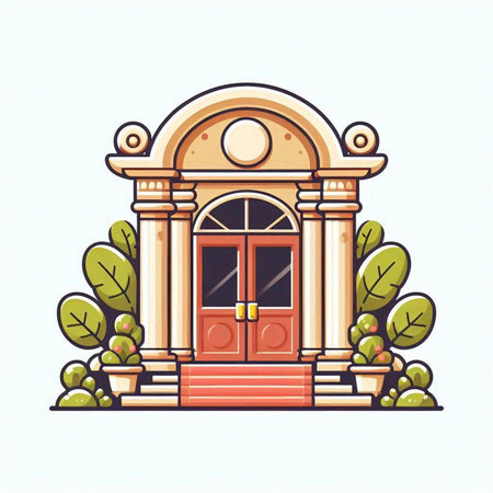 Facade of the building with a wooden door. Vector illustration.のイラスト素材