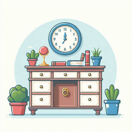 Illustration of a desk with clock and plants in a flat styleのイラスト素材