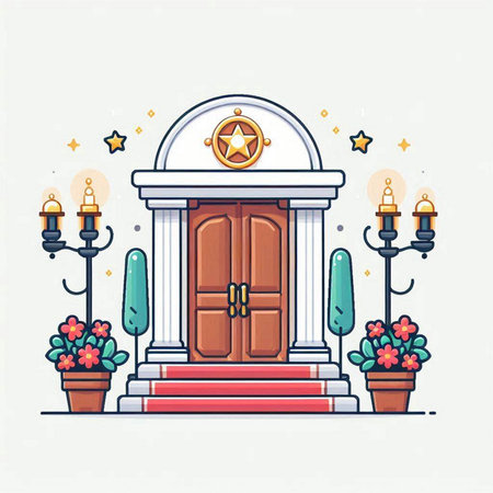 Vector illustration of a beautiful entrance to the church with candles and columnsのイラスト素材