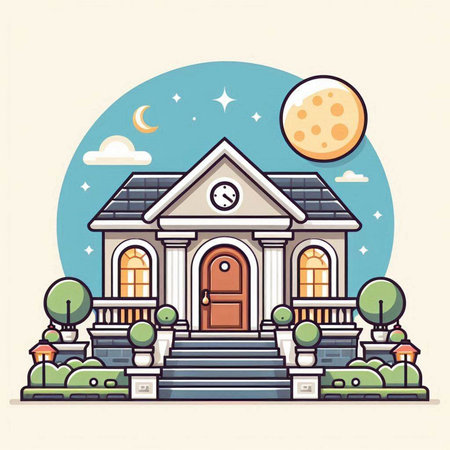 Vector illustration of a beautiful house in a flat style. The facade of the house is decorated with trees, lanterns and a moon.のイラスト素材