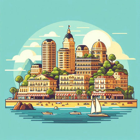 Vector illustration of a city on a background of sea and sky.のイラスト素材