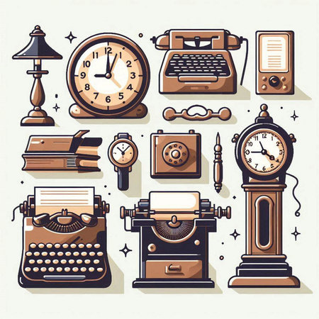 Retro icons set with old typewriter and clock isolated vector illustrationのイラスト素材