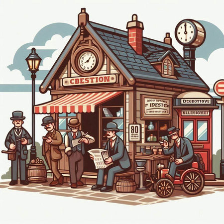 Illustration of a street cafe with people around. Vintage style.のイラスト素材