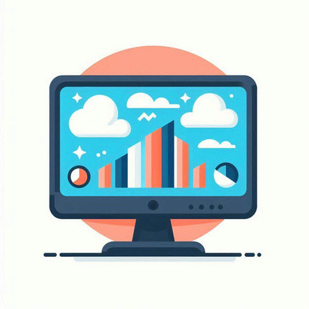 Vector illustration of a computer monitor with chart and cloud on the screen.のイラスト素材