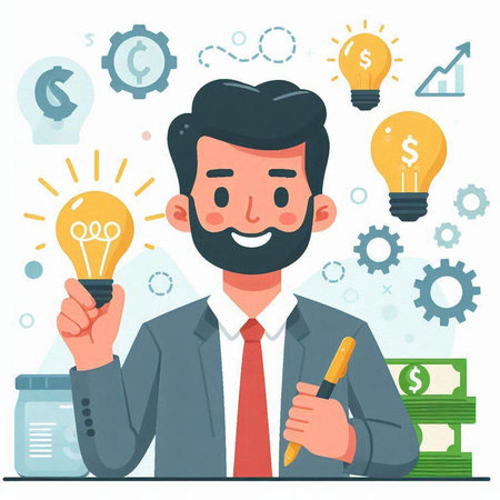 Businessman holding a pen and thinking about a new idea. Vector flat illustrationのイラスト素材