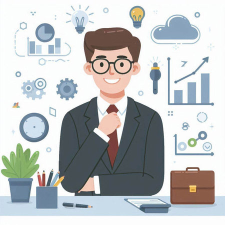 Businessman sitting at his desk. Vector illustration in flat style.のイラスト素材