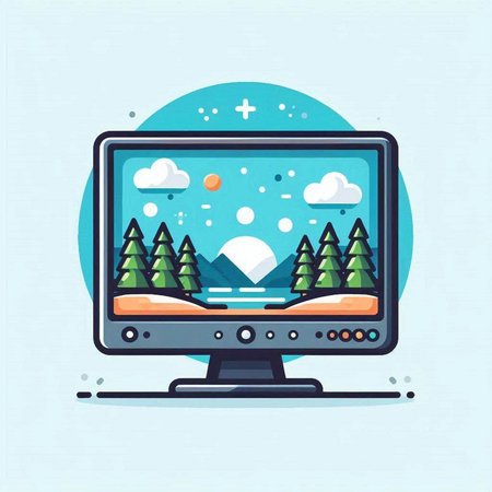 Vector illustration of computer monitor with landscape and forest on blue background.のイラスト素材