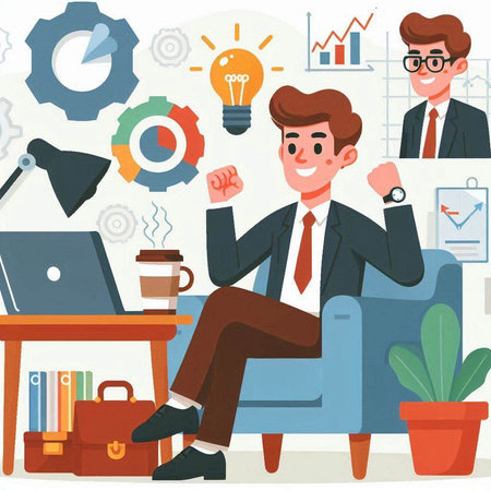 Businessman sitting in armchair and working at office. Vector illustrationのイラスト素材