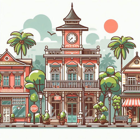 Old town building with clock tower and palm trees. Vector illustration.のイラスト素材