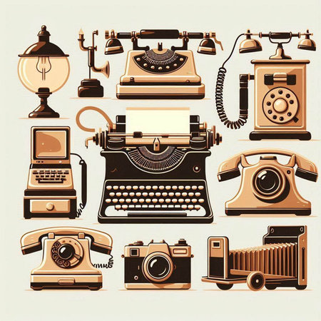 Vintage telephone and camera icons set in retro style. Vector illustrationのイラスト素材