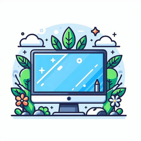 Computer screen with leaves and flowers. Modern flat design vector illustration.のイラスト素材