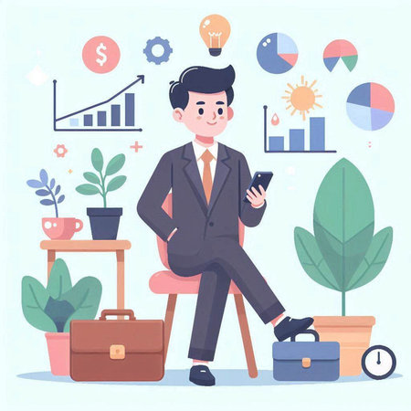 Businessman sitting on chair and using mobile phone. Flat vector illustration.のイラスト素材