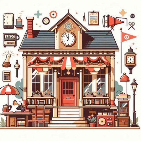 Vector illustration of a vintage cafe, shop, restaurant, coffeehouse.のイラスト素材