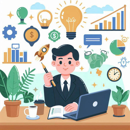 Businessman working at the office with a laptop. Vector illustration.のイラスト素材