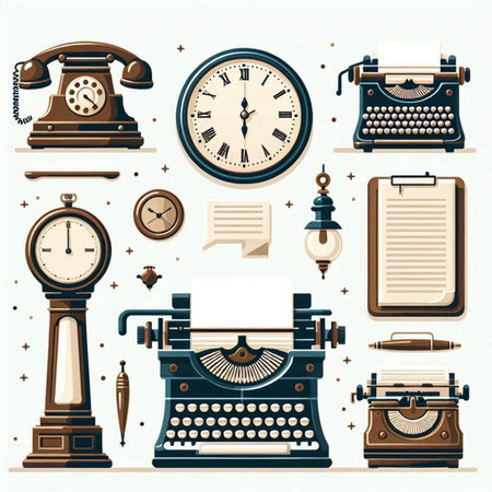 Vintage typewriter, clock and paper sheets. Vector illustration.のイラスト素材