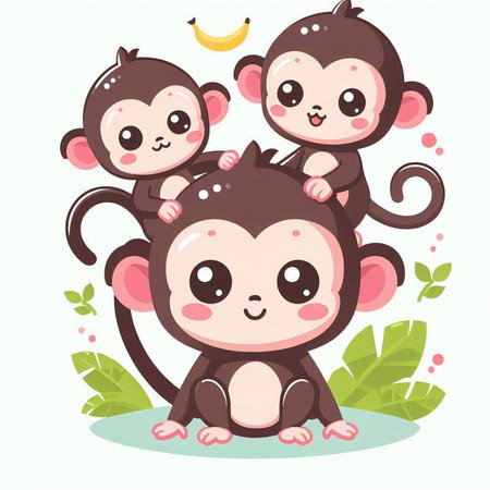 Cute monkey family on white background. Vector illustration in flat style.のイラスト素材