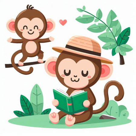 Cute monkey reading a book in the jungle. Vector illustration.のイラスト素材