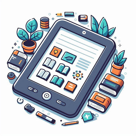 Tablet computer with social media icons, vector illustration in line art styleのイラスト素材