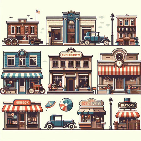 Set of vintage buildings and shops. Vector illustration in retro style.のイラスト素材