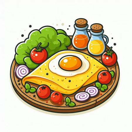 Fried egg and fresh vegetables on wooden board. Vector illustration.のイラスト素材