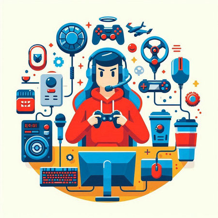 Vector illustration of gamer girl playing video games in flat design style.のイラスト素材