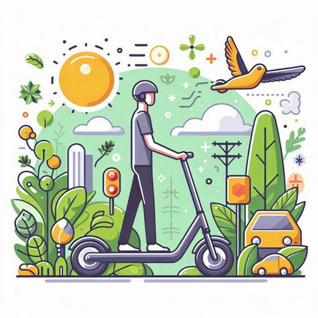 Vector illustration of a man riding scooter in the park. Eco transport concept.のイラスト素材