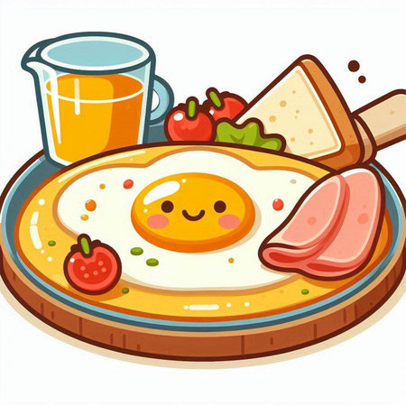 Illustration of a Cute Fried Egg Served on a Plateのイラスト素材